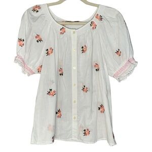 LOFT Women’s White Smocked Ruffe Cotton Floral Short Sleeve Top